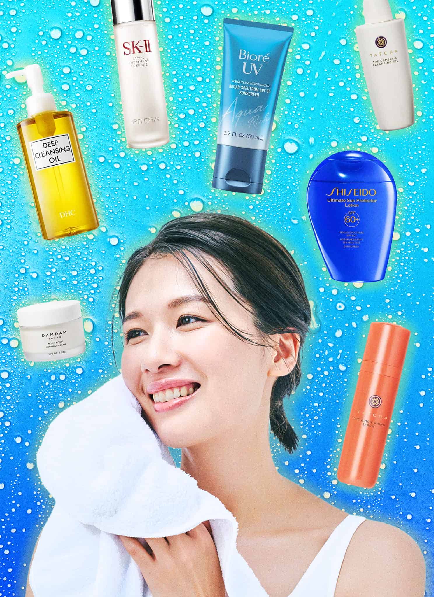 A smiling woman holds a towel to her face, surrounded by various skincare products on a blue, water-droplet background.