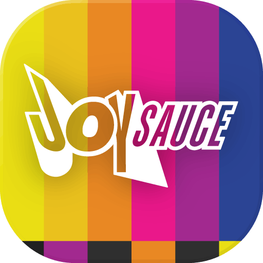 The JoySauce logo features the word JoySAUCE in bold, stylized white letters over vertical stripes in yellow, orange, pink, and blue. The background is rounded with a gradient effect.