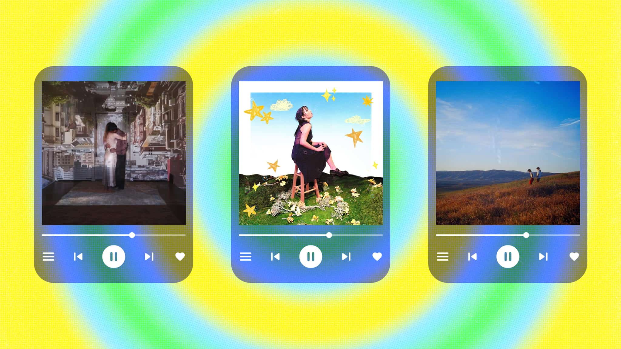 Three digital music player screens show different album art: a person with city projections, a person sitting among stars and flowers, and two people walking in a field, set against a vibrant yellow and green background.