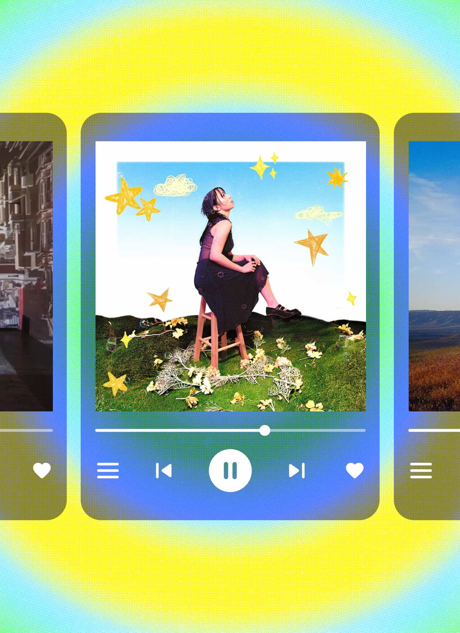 Three digital music player screens show different album art: a person with city projections, a person sitting among stars and flowers, and two people walking in a field, set against a vibrant yellow and green background.