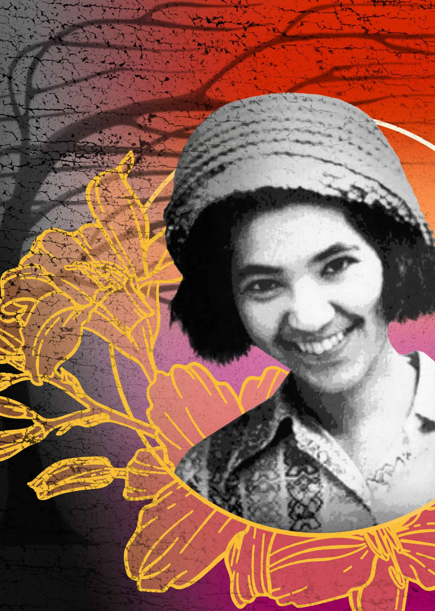 A black-and-white photo of a smiling woman in a hat is centered over a colorful background with red, orange, and purple hues, floral illustrations, and a cracked texture.