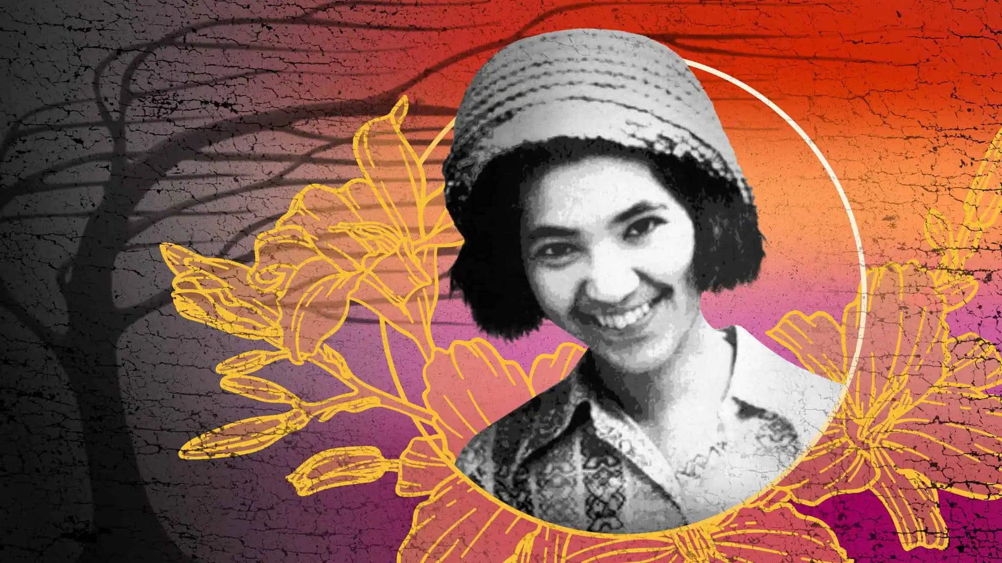A black-and-white photo of a smiling woman in a hat is centered over a colorful background with red, orange, and purple hues, floral illustrations, and a cracked texture.