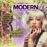 A person with pastel hair and bold makeup poses amid flowers. Text promotes the MODERN 2-day Vietnamese American Festival on August 7-8, 2026, featuring a concert and fashion show at the Asian American Resource Center.