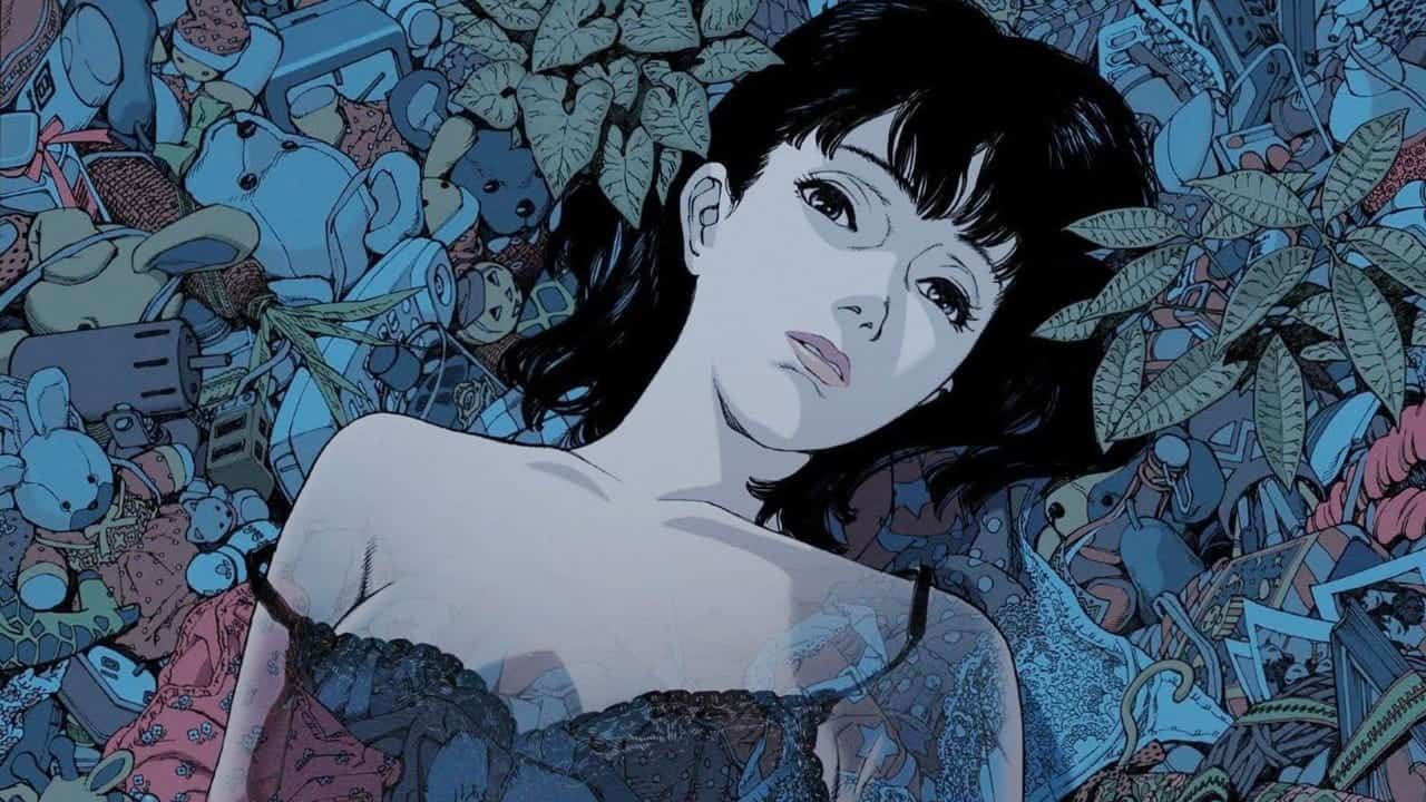 A young woman with short dark hair lies among discarded toys, plants, and debris, looking upward with a somber expression. The scene is illustrated in a detailed, blue-toned anime style.