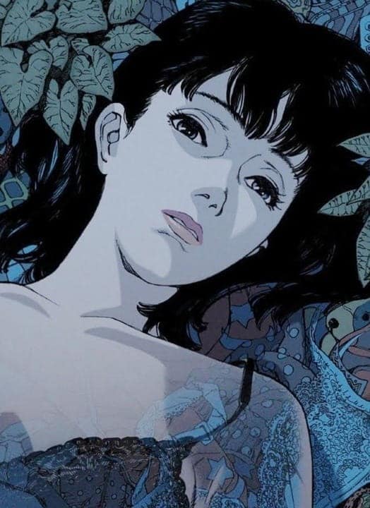 A young woman with short dark hair lies among discarded toys, plants, and debris, looking upward with a somber expression. The scene is illustrated in a detailed, blue-toned anime style.