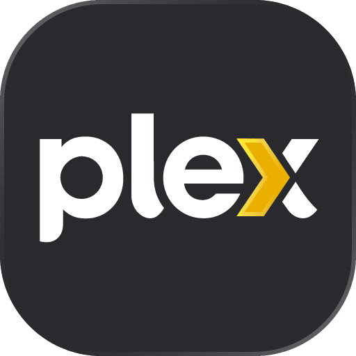 Plex app logo featuring the word plex in lowercase white letters on a dark gray rounded square background, with the letter x partially colored yellow with a bold yellow arrow shape.