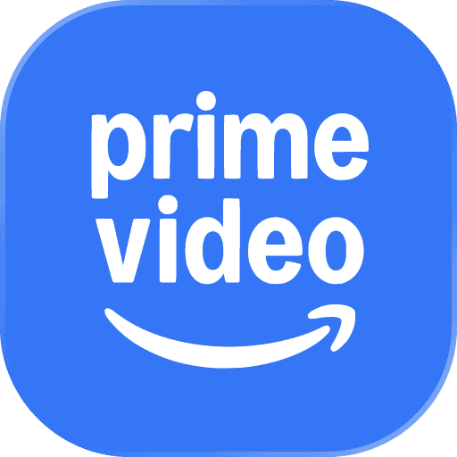 The image shows the Prime Video logo with white text reading prime video and an arrow-shaped smile underneath on a blue rounded square background.