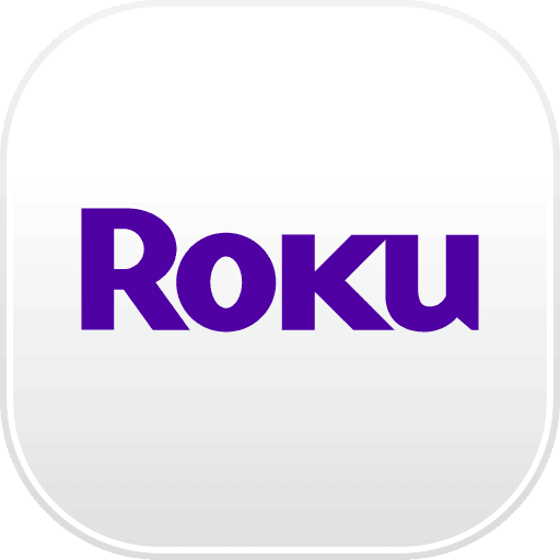 The image shows the Roku logo with the word Roku in bold, purple letters on a white and light gray gradient background with rounded corners.
