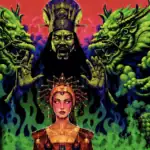 A woman in ornate headpiece stands before a looming figure with a crown and two green dragons, set against a fiery red and green background.