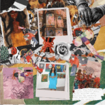 A vibrant collage features polaroid photos, colorful artwork, orange thread, sketches, a black-and-white photo of hands with jewelry, a rose, and abstract patterns, creating an artistic, dynamic, and textured composition.