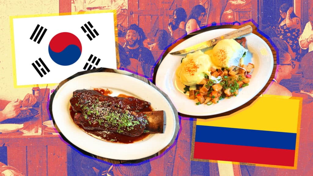 A collage with the South Korean and Colombian flags, dishes of food, and a colorful background of people dining in a restaurant.