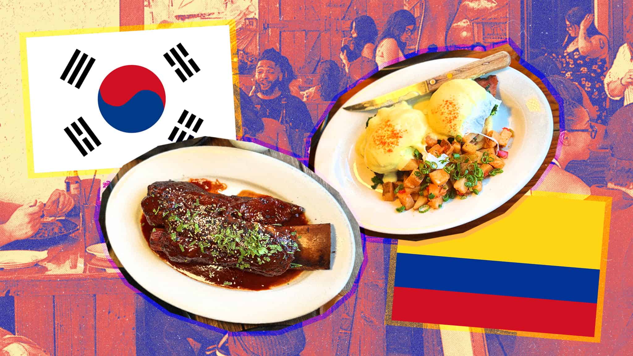 A collage with the South Korean and Colombian flags, dishes of food, and a colorful background of people dining in a restaurant.