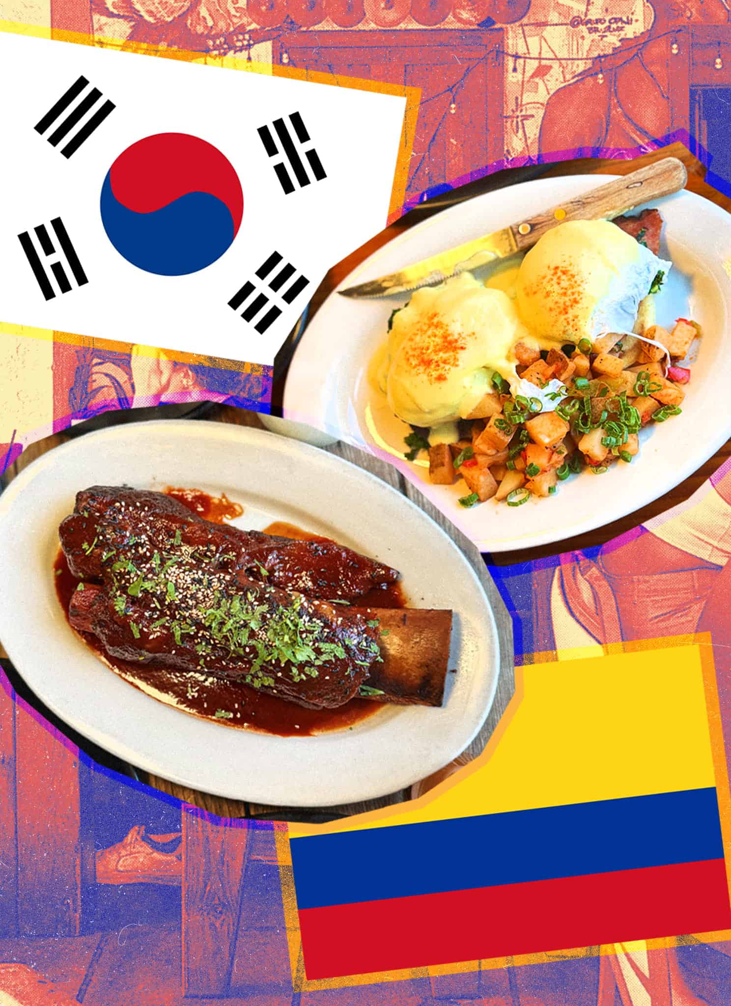 A collage with the South Korean and Colombian flags, dishes of food, and a colorful background of people dining in a restaurant.