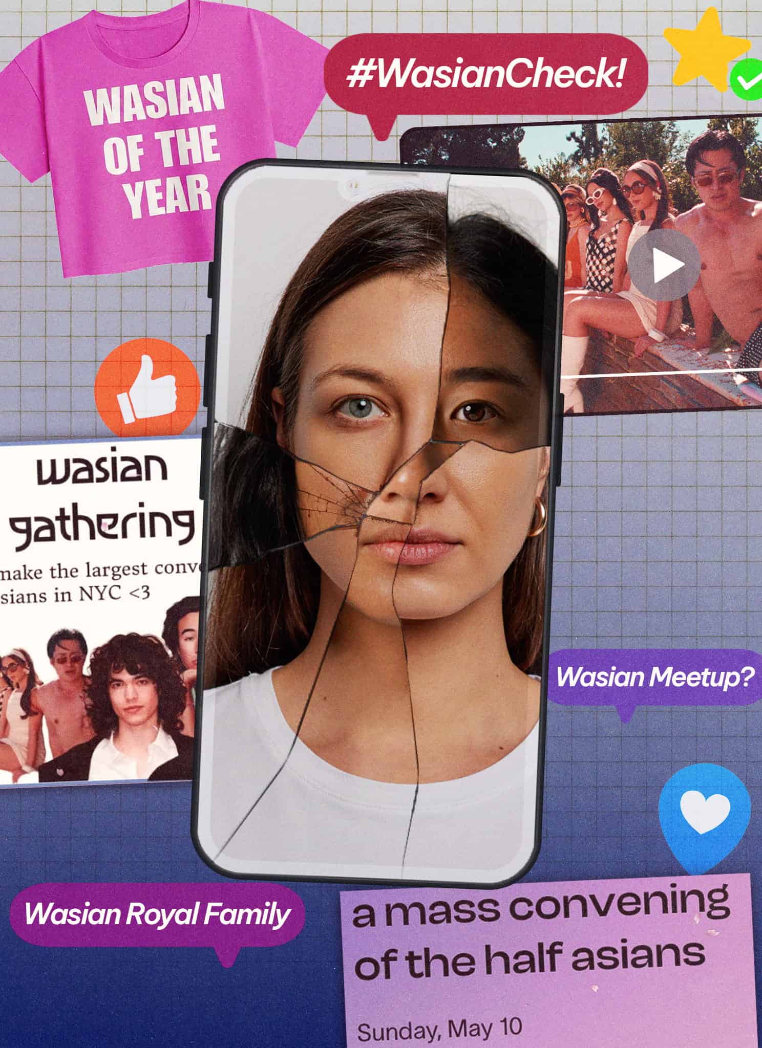 A collage showing mixed Asian identity: a cracked phone with a woman’s split face, event posters for “Wasian Gathering,” people at a pool, and social media tags like “WasianCheck” and “WASIAN OF THE YEAR.”.