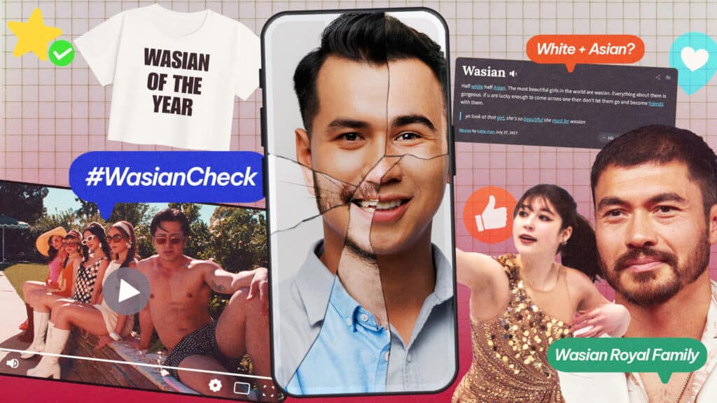 A collage of photos and graphics shows a man’s phone selfie with a cracked screen, people at a pool, a shirt reading “Wasian of the Year,” and pop-up texts about being White and Asian, plus hashtags like #WasianCheck.