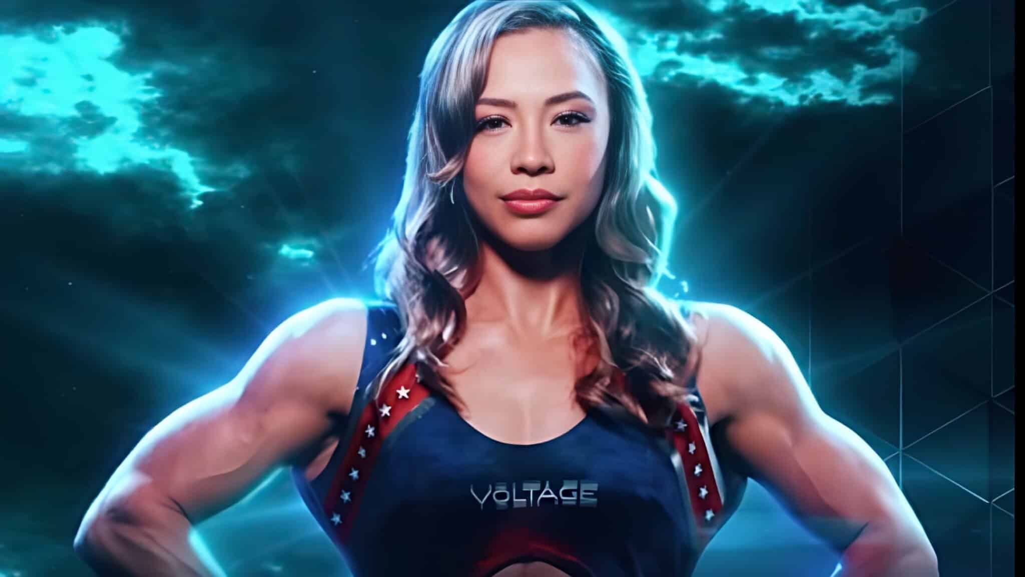 A muscular woman with wavy blonde hair stands confidently in a superhero-like outfit labeled Voltage, with a glowing blue background and dramatic lighting.