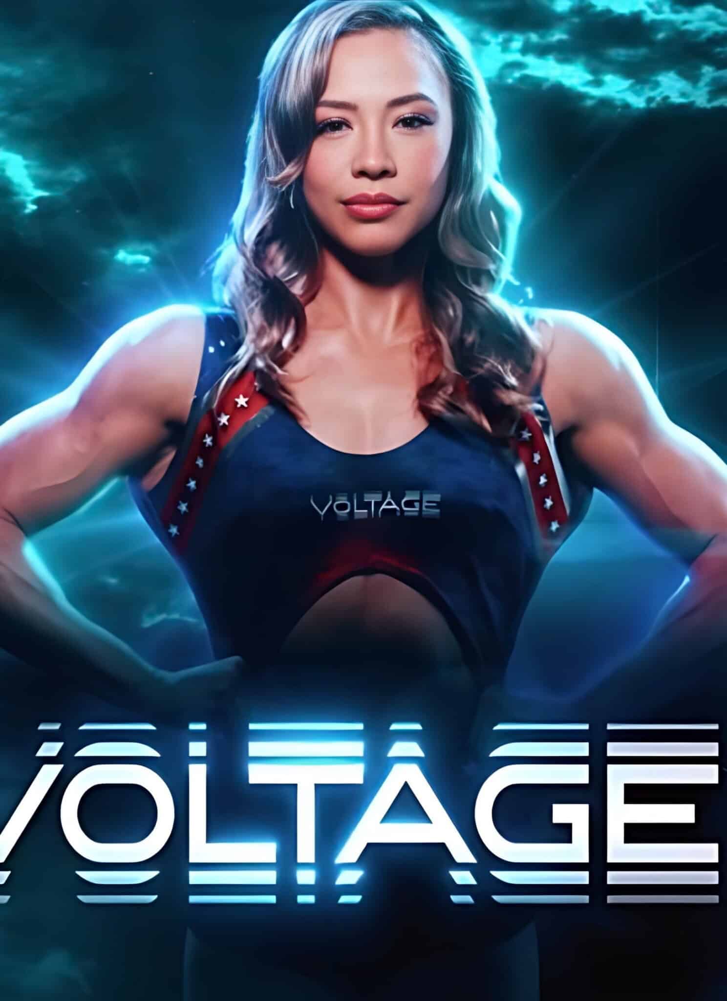 A muscular woman with wavy blonde hair stands confidently in a superhero-like outfit labeled Voltage, with a glowing blue background and dramatic lighting.