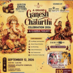Ganesh Chaturthi 2026 event flyer with Ganesh idol, dhol players, kids mascots, and details for a celebration and garba night on September 12, 2026, at Premier Athletic Complex, Leander.