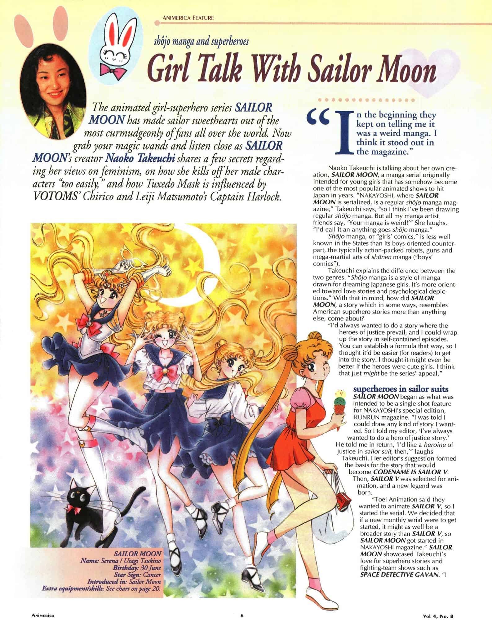 A colorful magazine page features Sailor Moon and the Sailor Scouts posing heroically over a bright, magical background, with text about the show and an inset photo of creator Naoko Takeuchi.