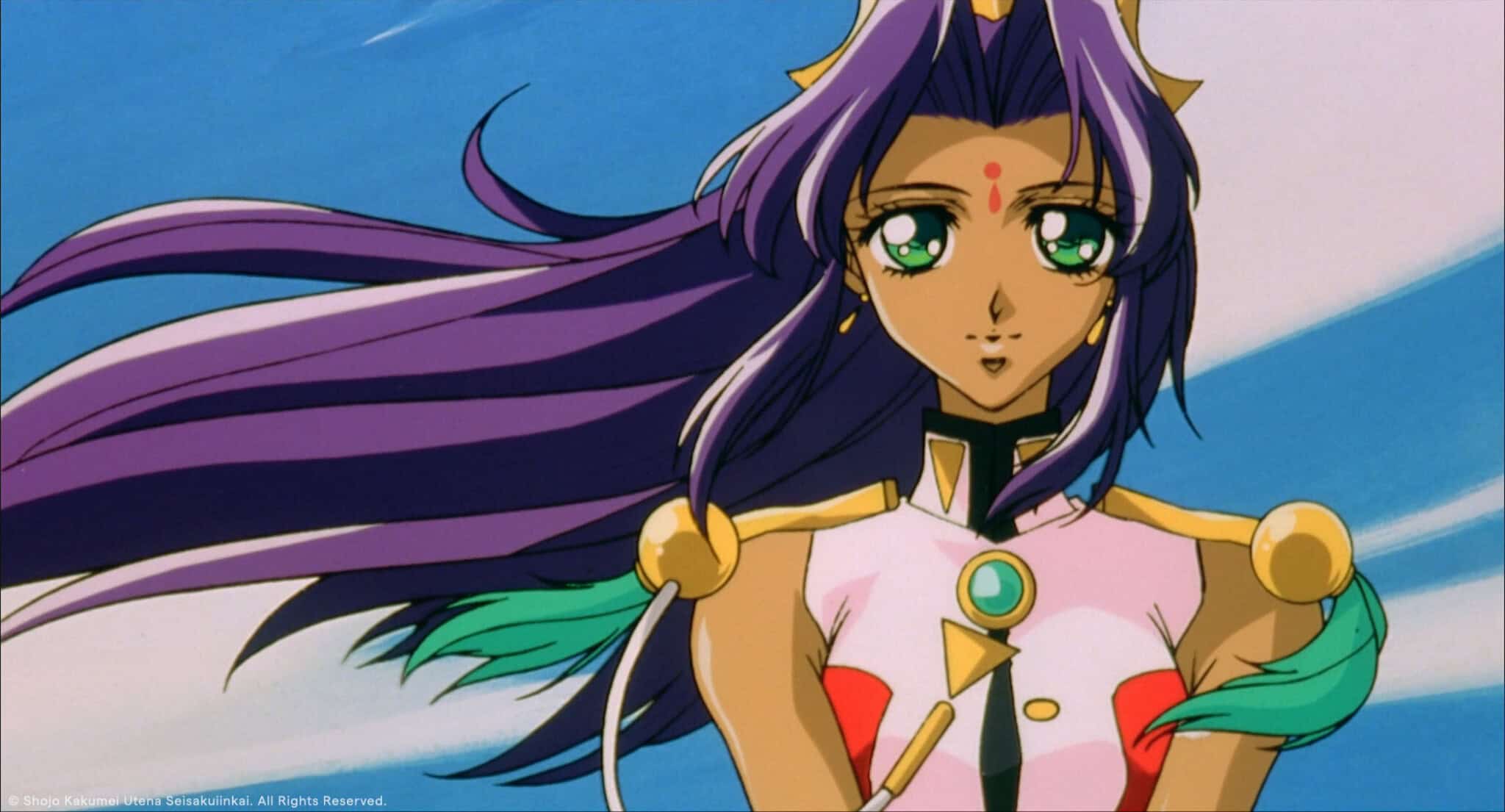 Anime character with long purple hair and green eyes stands against a blue sky. She wears a white, pink, and gold outfit with green accents and a red mark on her forehead. Her hair and feathers are blowing in the wind.