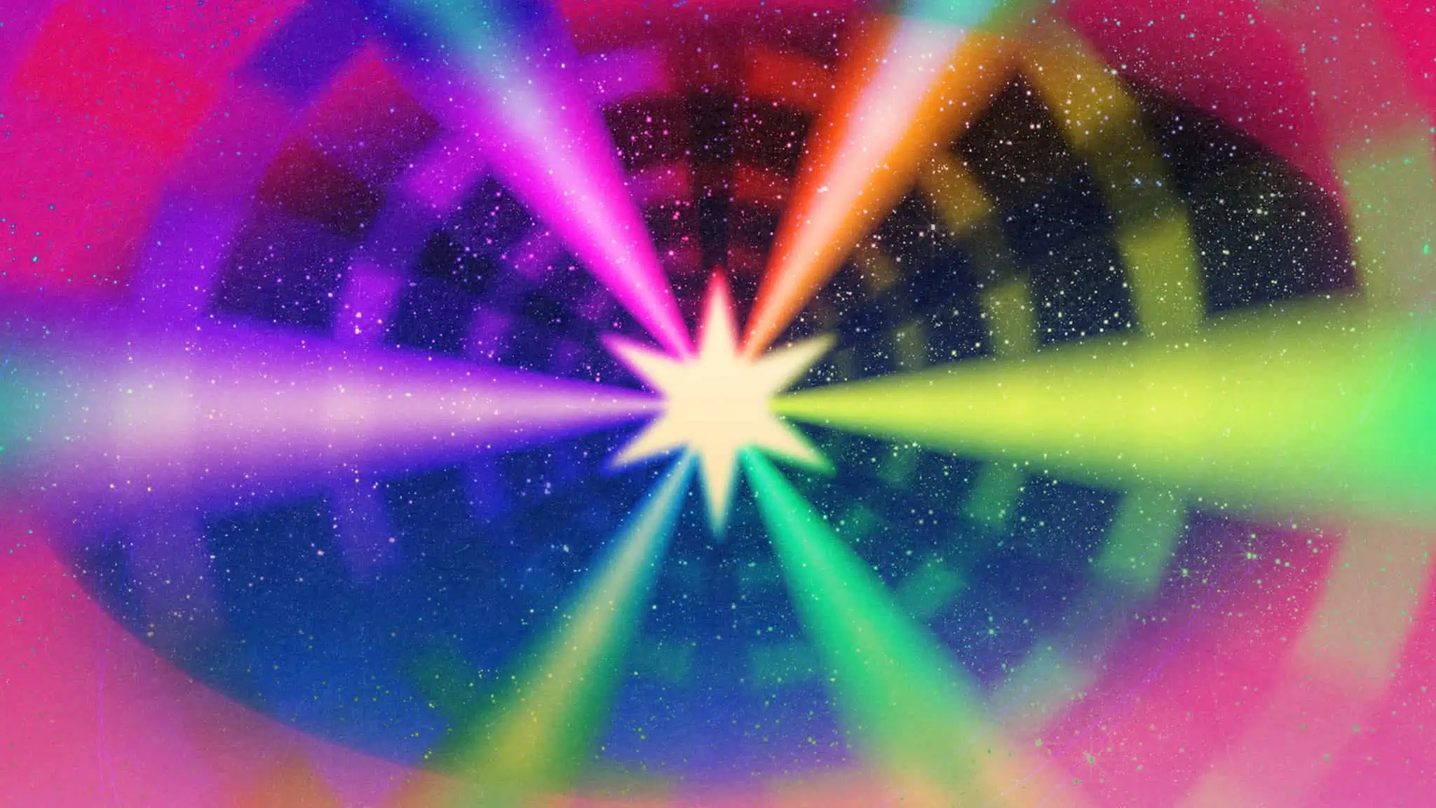 A bright, glowing starburst radiates colorful beams in a circular pattern, reminiscent of an astrology-inspired motif, against a textured, cosmic background with speckled stars and gradients of pink, blue, purple, yellow, and green.