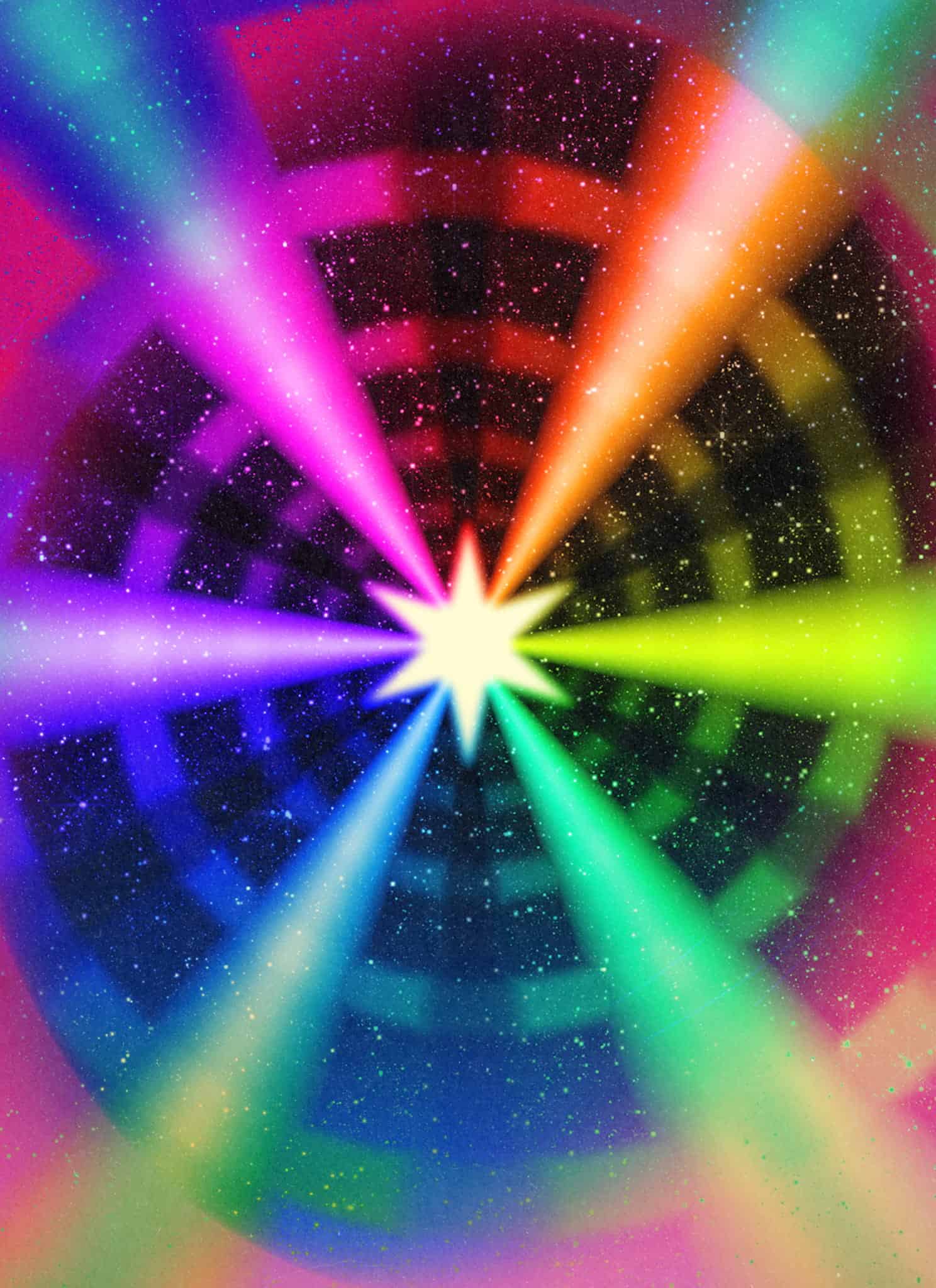 A bright, glowing starburst radiates colorful beams in a circular pattern, reminiscent of an astrology-inspired motif, against a textured, cosmic background with speckled stars and gradients of pink, blue, purple, yellow, and green.