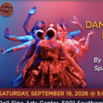 A group of dancers in traditional attire perform with multiple arms shown in motion blur, creating a dynamic visual effect. Event details are visible at the bottom of the image.