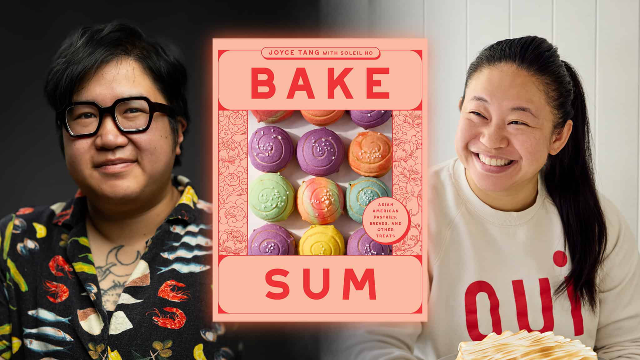 Book cover for Bake Sum featuring colorful pastries in the center, flanked by two smiling individuals on either side, one with glasses and floral shirt, the other in a white shirt holding a pastry.