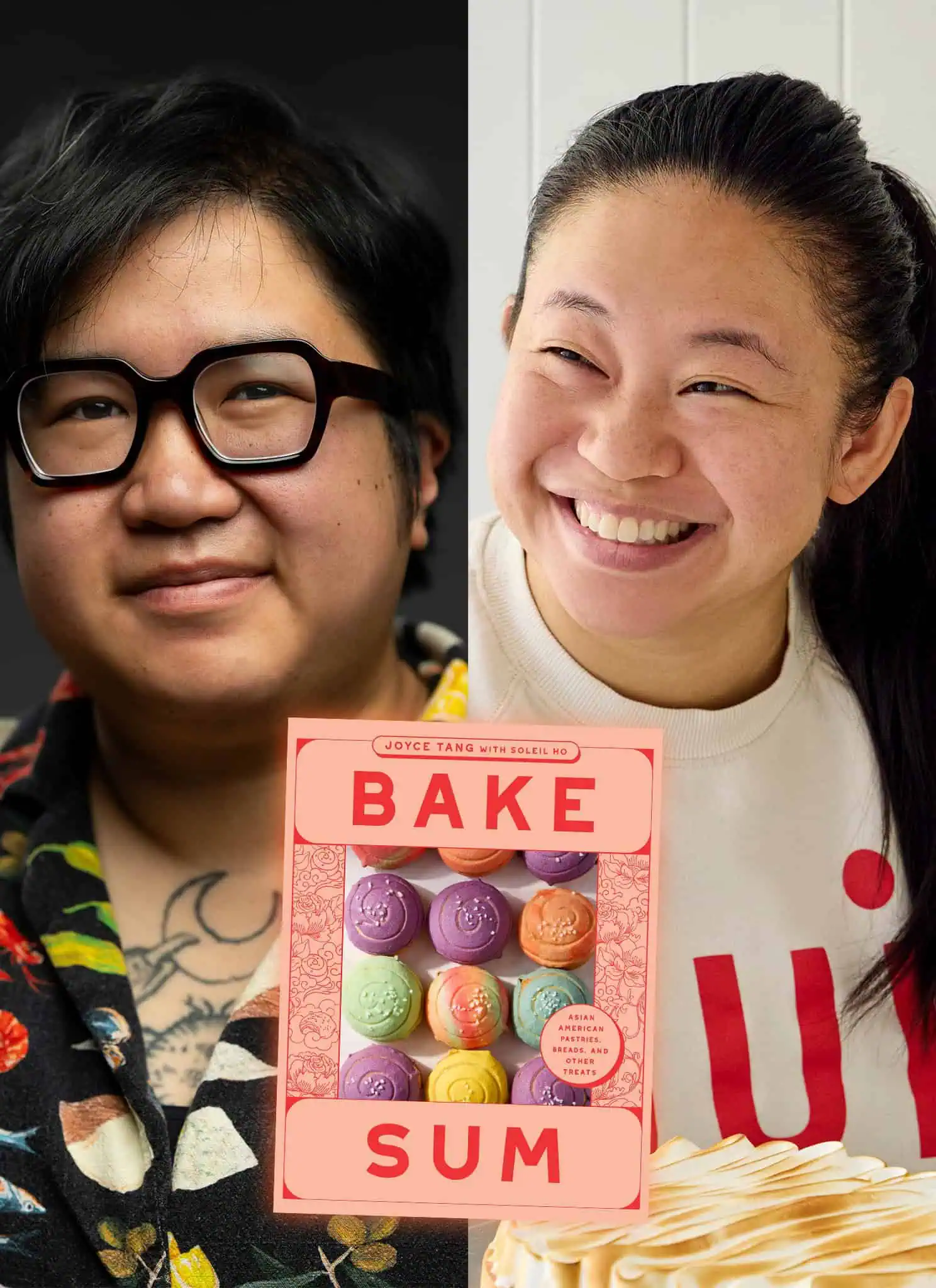 Book cover for Bake Sum featuring colorful pastries in the center, flanked by two smiling individuals on either side, one with glasses and floral shirt, the other in a white shirt holding a pastry.