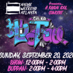 Anime Weekend Atlanta event poster for Chika Idol Talk concert on Sunday, September 20, 2020. Show: 12-2 PM. Buppan: 2-4 PM. Space-themed background with colorful text.