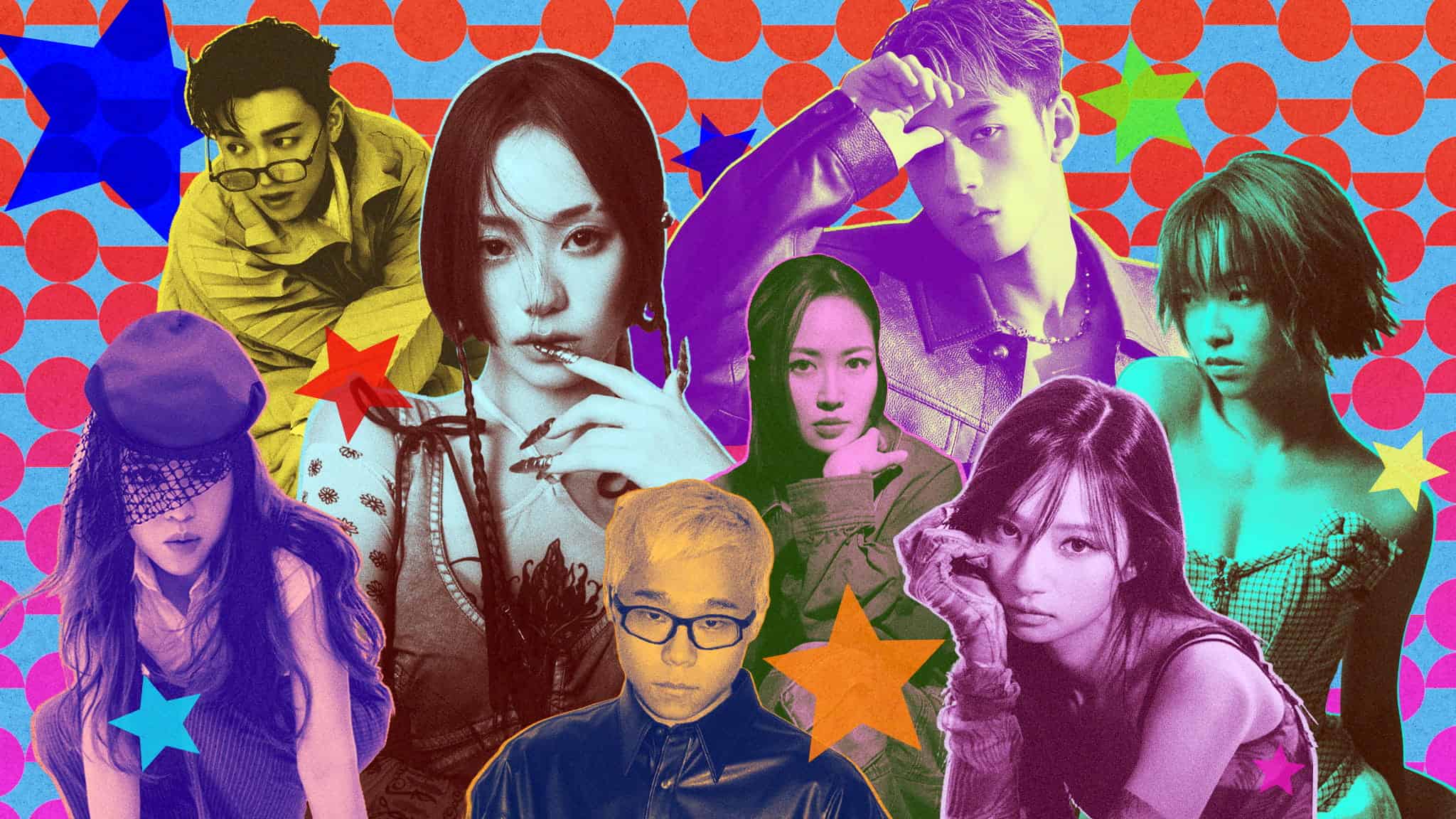 A colorful collage of seven stylishly dressed people posing against a vibrant polka-dot background with large stars in blue, orange, and green scattered throughout the image.