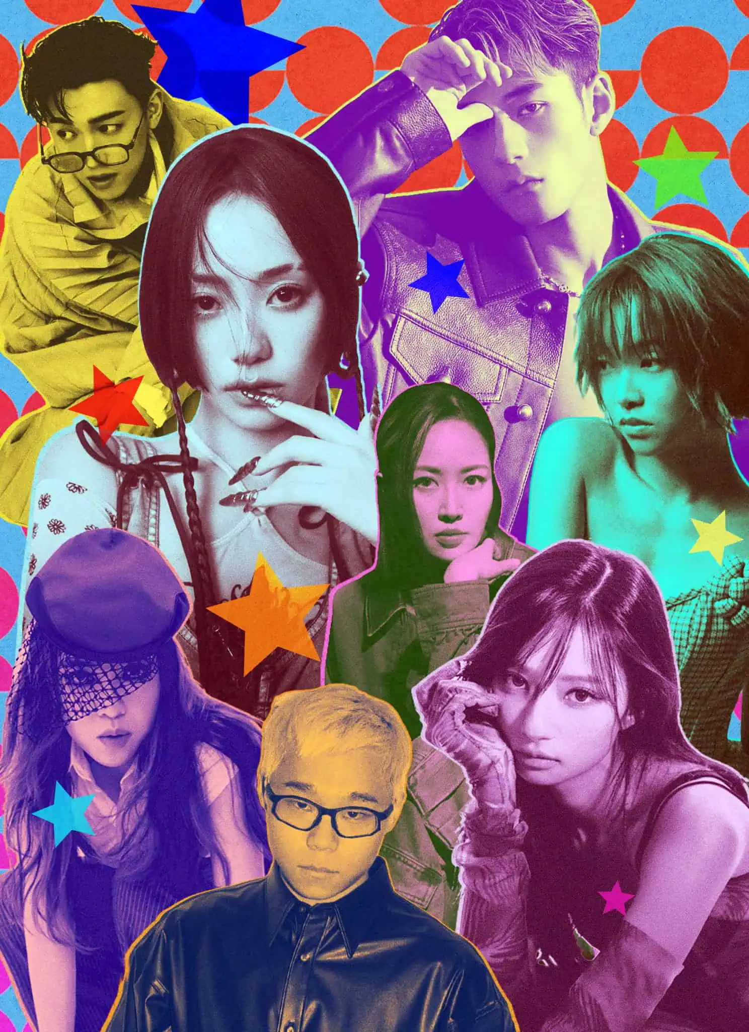 A colorful collage of seven stylishly dressed people posing against a vibrant polka-dot background with large stars in blue, orange, and green scattered throughout the image.