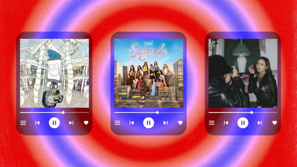 Three music player interfaces display different album covers against a red and blue circular background. The album covers feature abstract art, a girl group, and two people in a candid photo.