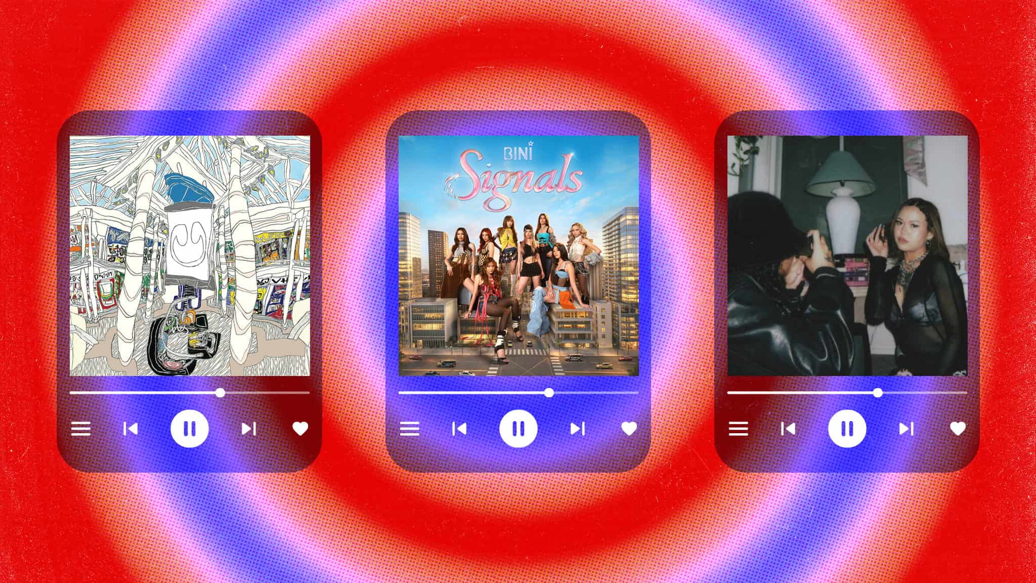 Three music player interfaces display different album covers against a red and blue circular background. The album covers feature abstract art, a girl group, and two people in a candid photo.