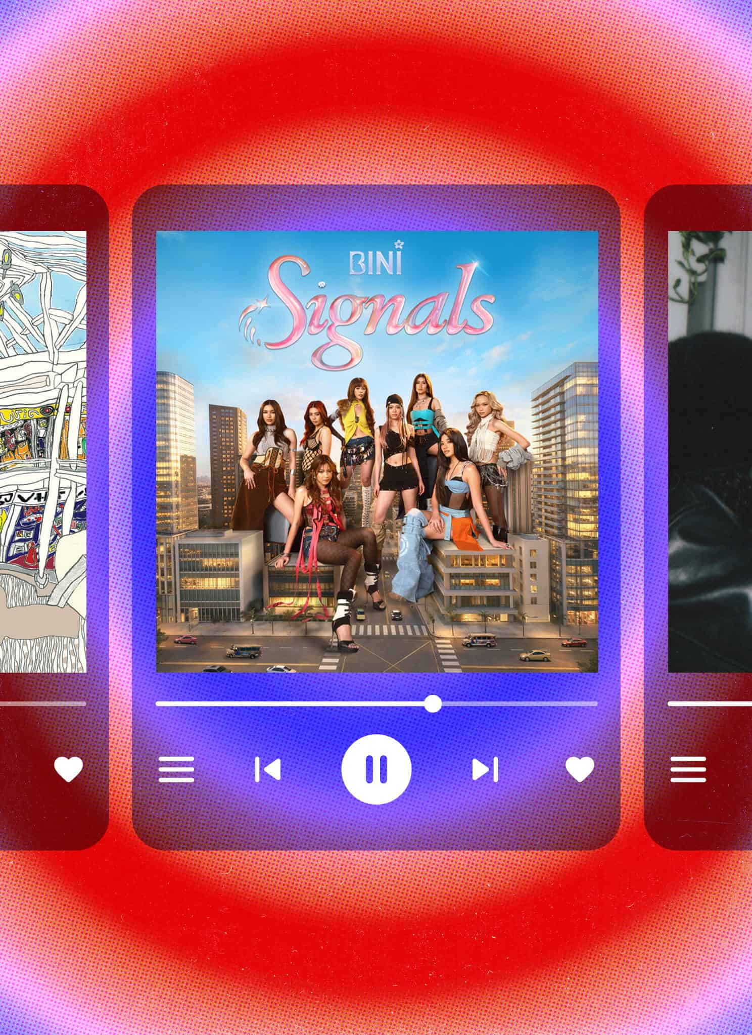 Three music player interfaces display different album covers against a red and blue circular background. The album covers feature abstract art, a girl group, and two people in a candid photo.