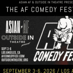A promotional poster for the Asian AF Comedy Fest, September 3-6, 2026, in Los Angeles. Features a cartoon cat character and event details in bold white text on a black background.