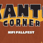Text graphic with bold black and white letters reading KANTO CORNER over a yellow oval, on a brown background. Smaller white text below reads HIFI FALLFEST..