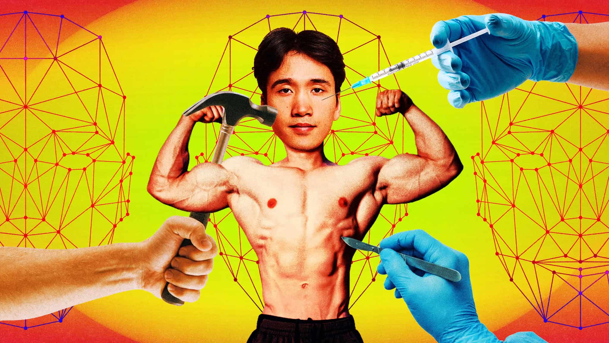 A muscular man poses with flexed arms, holding a hammer. Gloved hands approach with a syringe, scalpel, and a fist against a vibrant, geometric background.