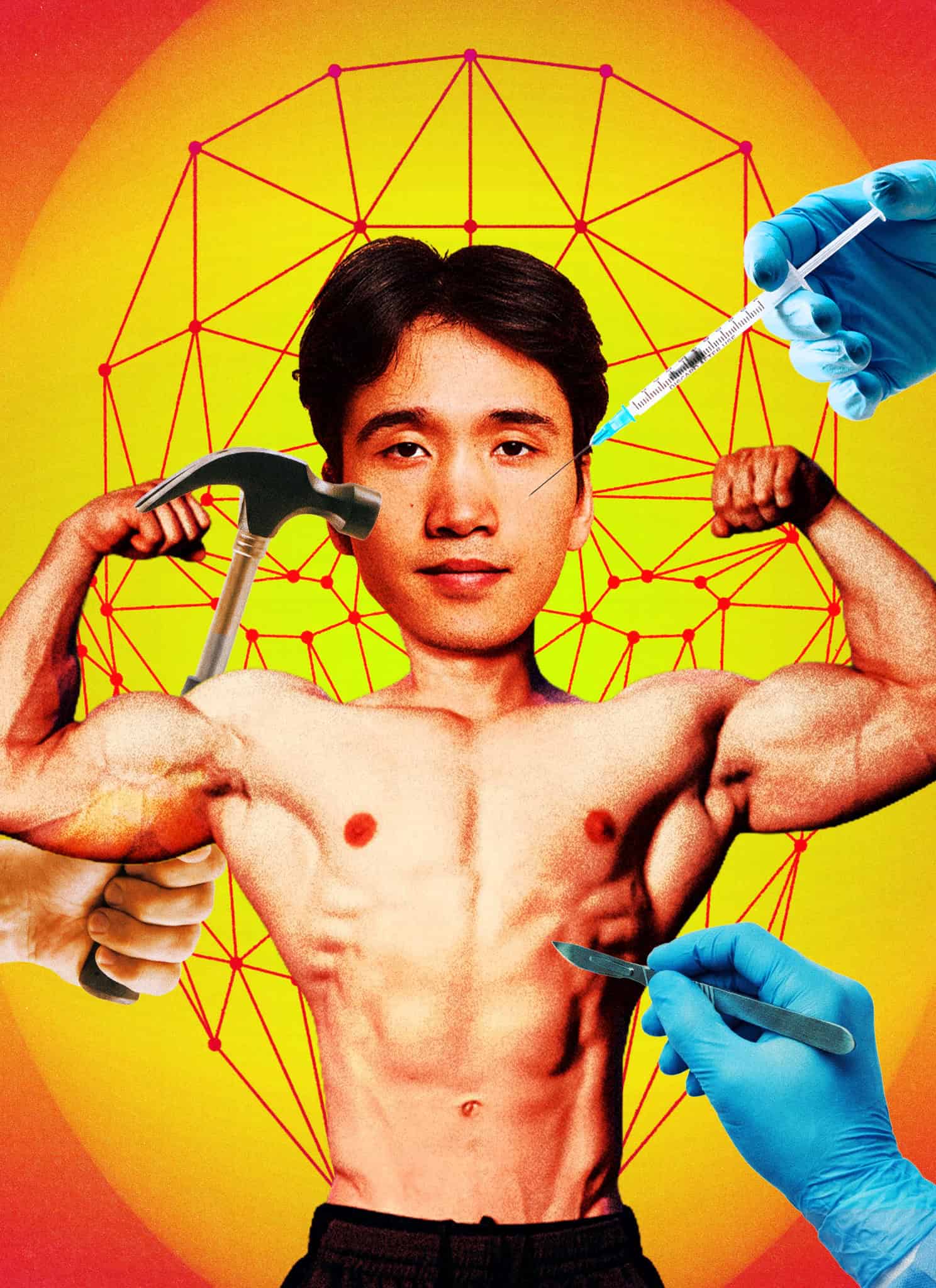 A muscular man poses with flexed arms, holding a hammer. Gloved hands approach with a syringe, scalpel, and a fist against a vibrant, geometric background.
