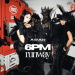 Three models in dramatic black avant-garde outfits and headpieces pose backstage with a red machine behind them. Bold text reads ASIAN NYFW 6PM runway..