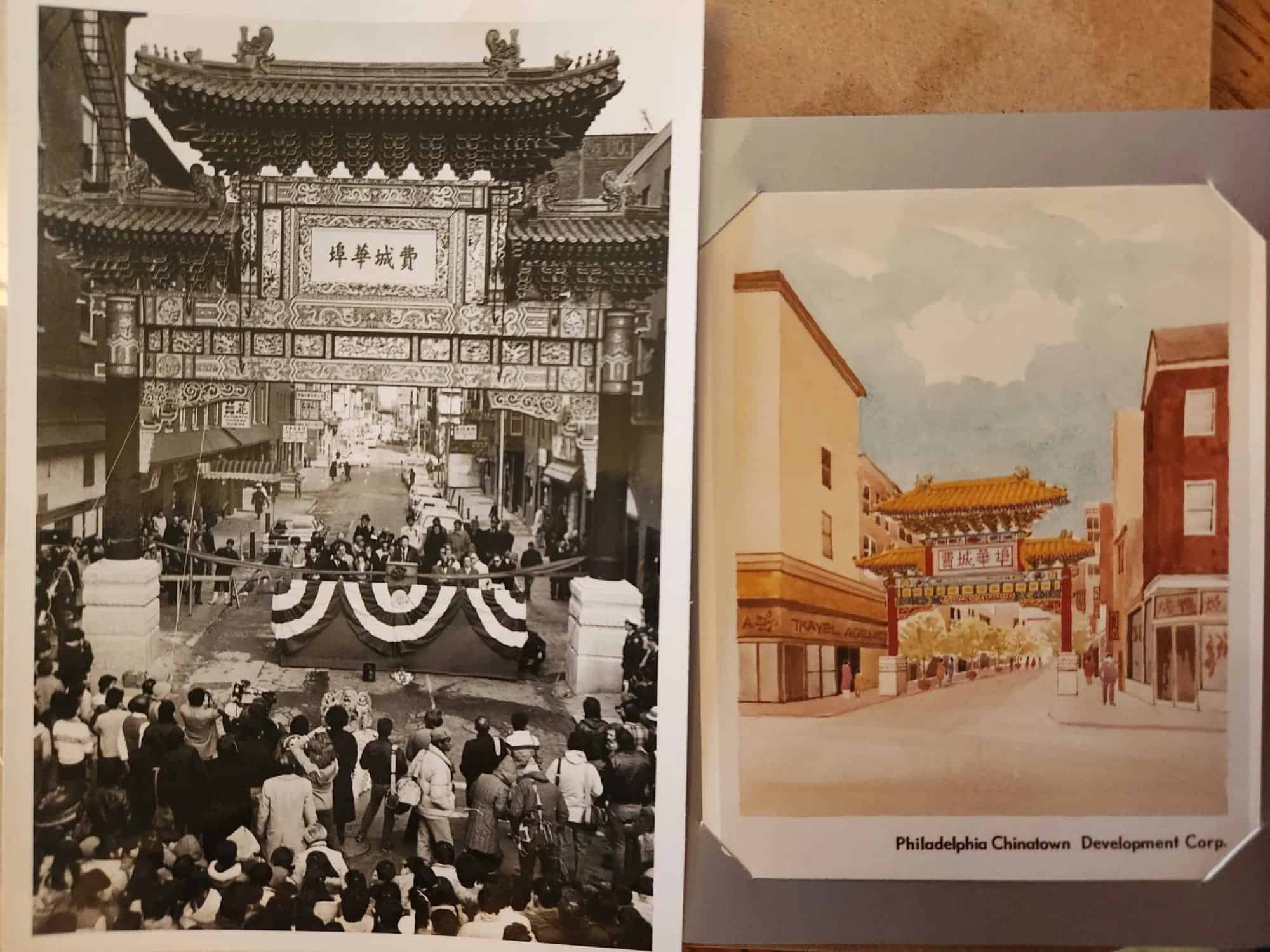 Two images of the Chinatown Friendship Gate in Philadelphia: a black-and-white photo with a crowd gathered, and a colorful illustration of the gate on a street with buildings on both sides.