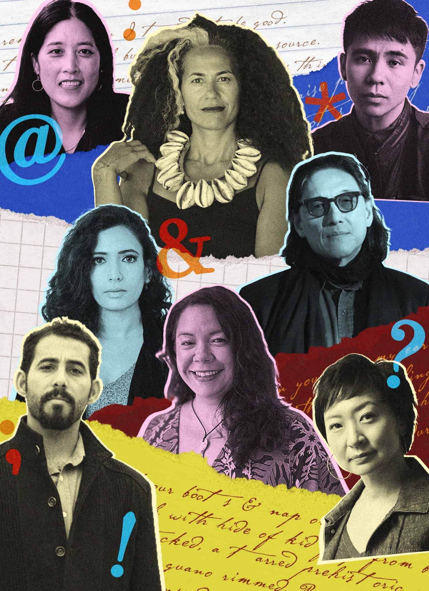 A collage of seven diverse people, each in portrait style, overlaid on handwritten text and colorful paper scraps with symbols like ampersands, at signs, and asterisks.