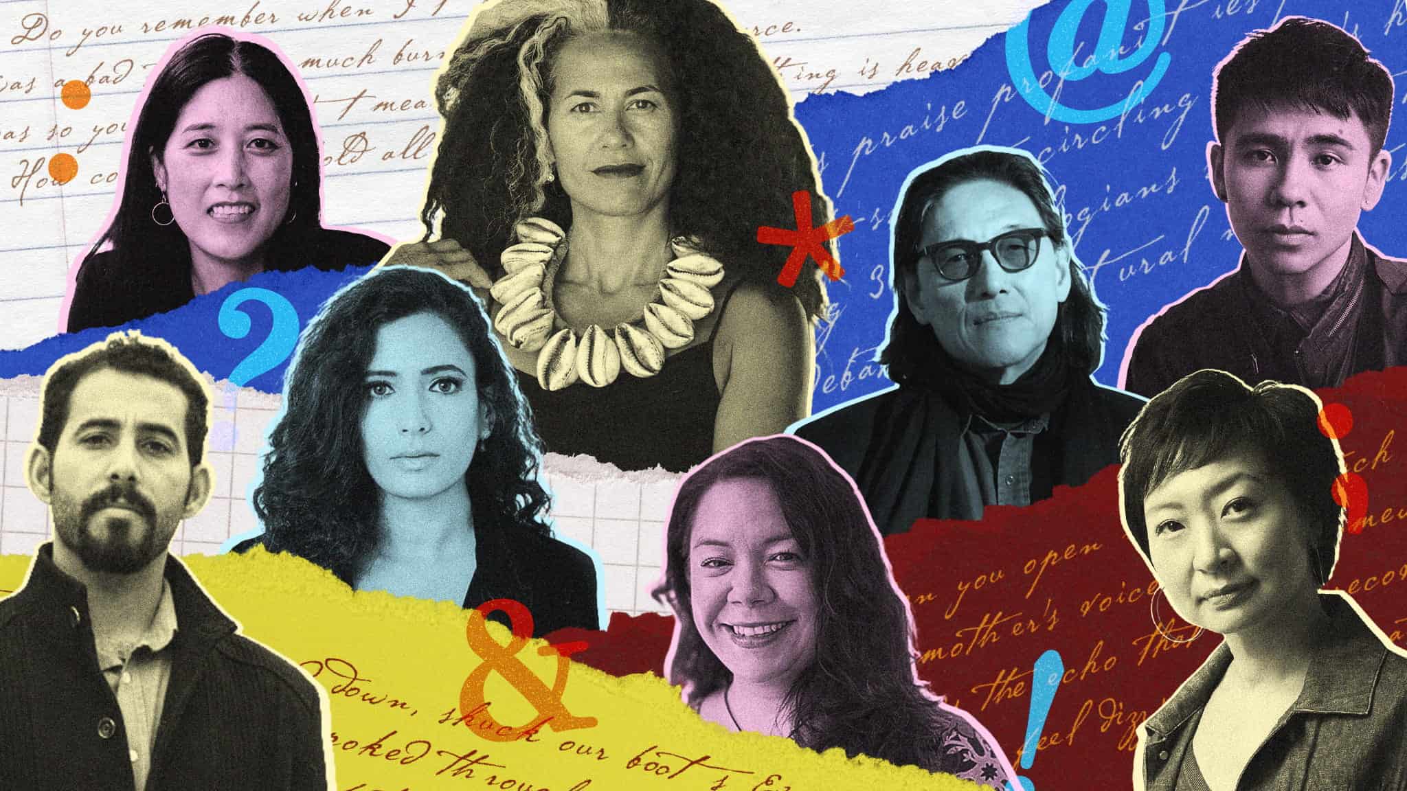 A collage of seven diverse people, each in portrait style, overlaid on handwritten text and colorful paper scraps with symbols like ampersands, at signs, and asterisks.