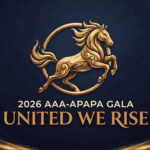 A golden, ornate horse inside a circle above the text 2026 AAA-APAPA Gala United We Rise, set on a dark blue background with gold accents.