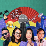 Four people smile in front of a collage with a microphone, novelty glasses, a laughing emoji, a red fan, and a blue inflatable swan, set against a green patterned background.