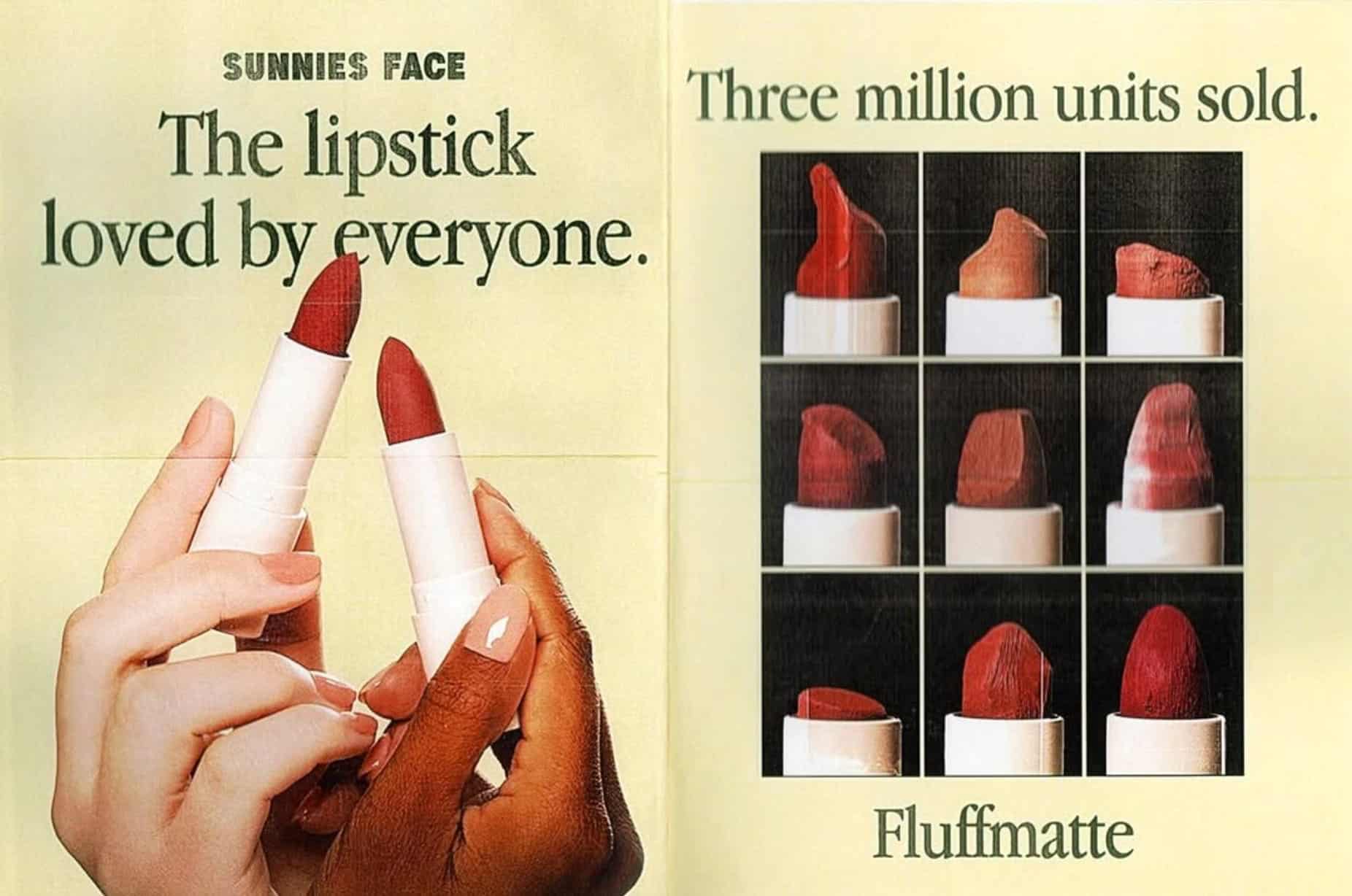 Two hands hold red lipsticks on the left. Text reads, The lipstick loved by everyone. Right: nine lipstick shades, text, Three million units sold. Fluffmatte. Both on a pale yellow background.