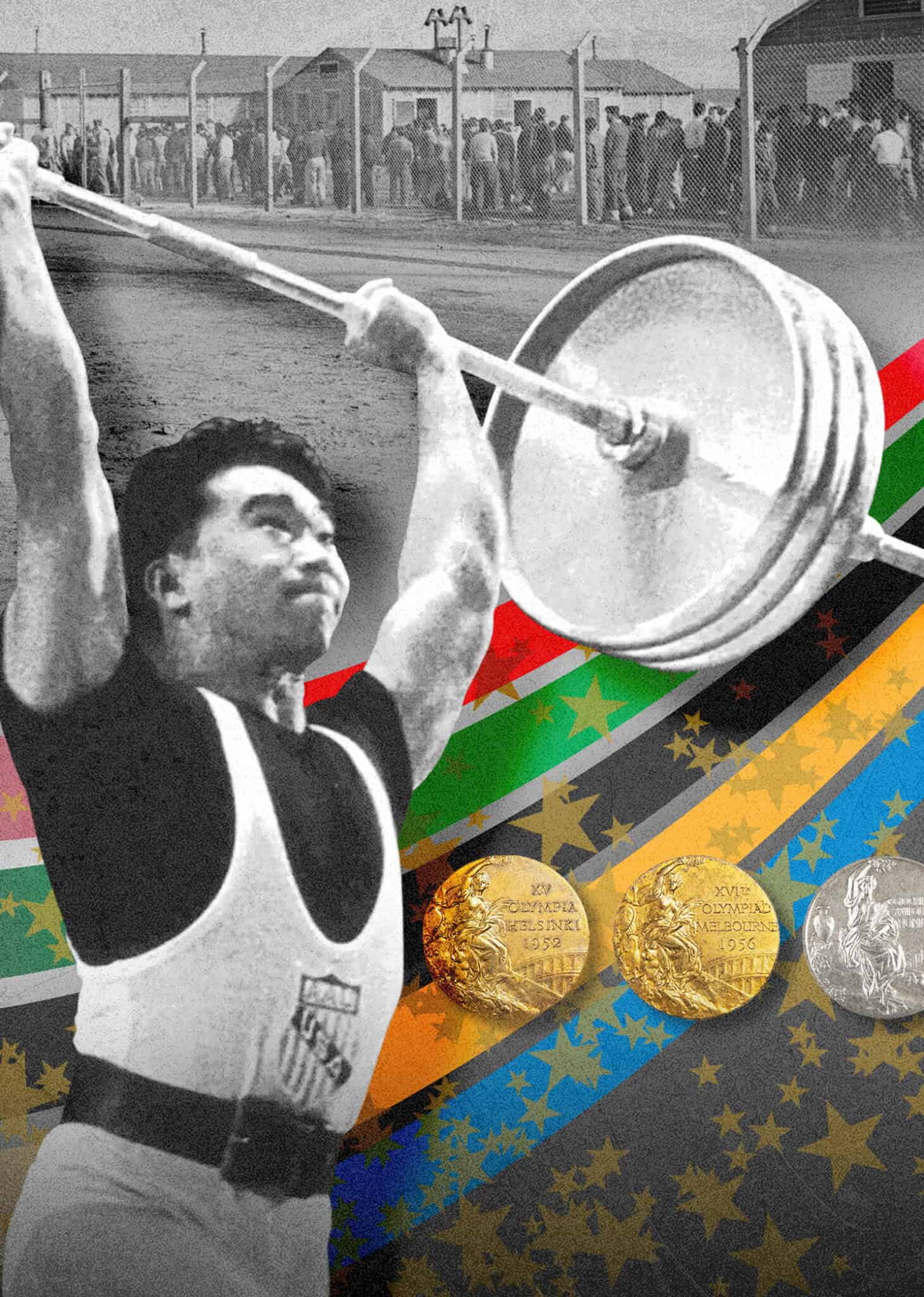 A collage featuring a weightlifter lifting a barbell, a muscular young man posing, an elderly person smiling, Olympic medals, and colorful stripes with stars in the background.