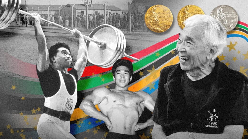 A collage featuring a weightlifter lifting a barbell, a muscular young man posing, an elderly person smiling, Olympic medals, and colorful stripes with stars in the background.