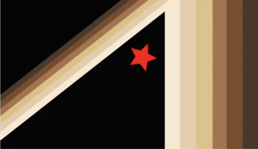 A red star is positioned near the center of a black triangular area, bordered by diagonal bands in various shades of beige and brown.
