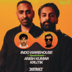 Two men stand side by side on an orange background. Below them are smaller images of two other men, labeled Special Guests Anish Kumar, Kru.tik. Text reads Indo Warehouse and District. Sept 25 appears in the top right.